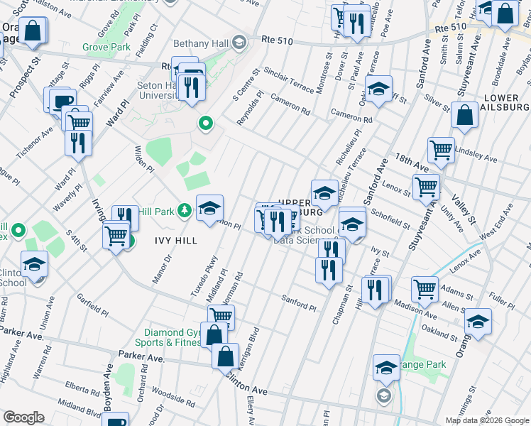 map of restaurants, bars, coffee shops, grocery stores, and more near 48 Norman Road in Newark