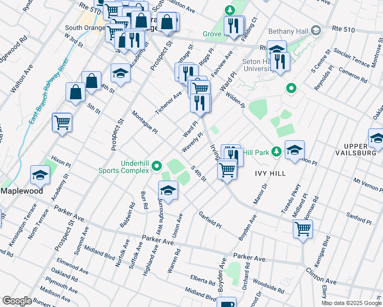 map of restaurants, bars, coffee shops, grocery stores, and more near 215 Lindsley Avenue in South Orange