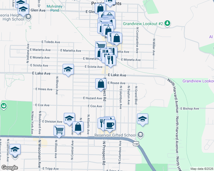 map of restaurants, bars, coffee shops, grocery stores, and more near 4228 North Prospect Road in Peoria