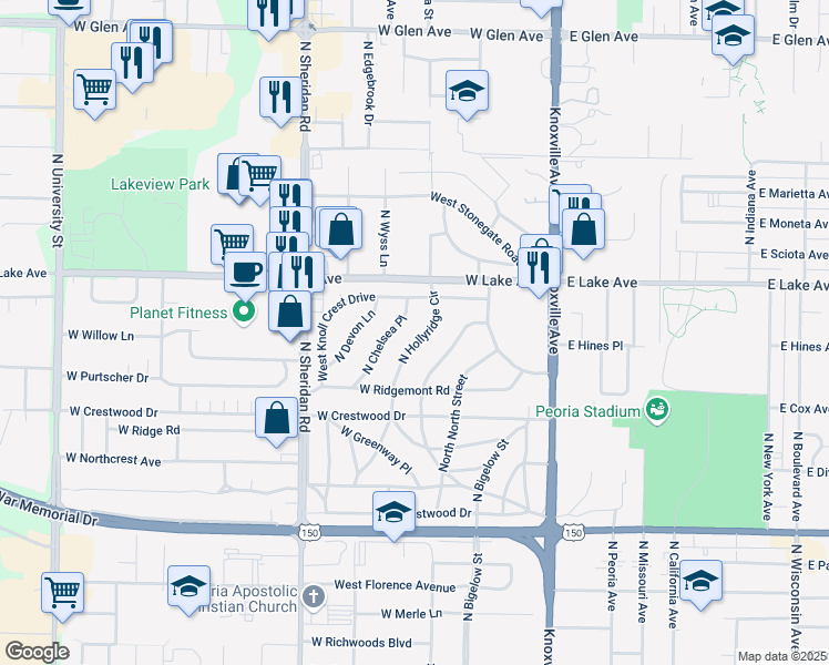 map of restaurants, bars, coffee shops, grocery stores, and more near 4203 North Chelsea Place in Peoria