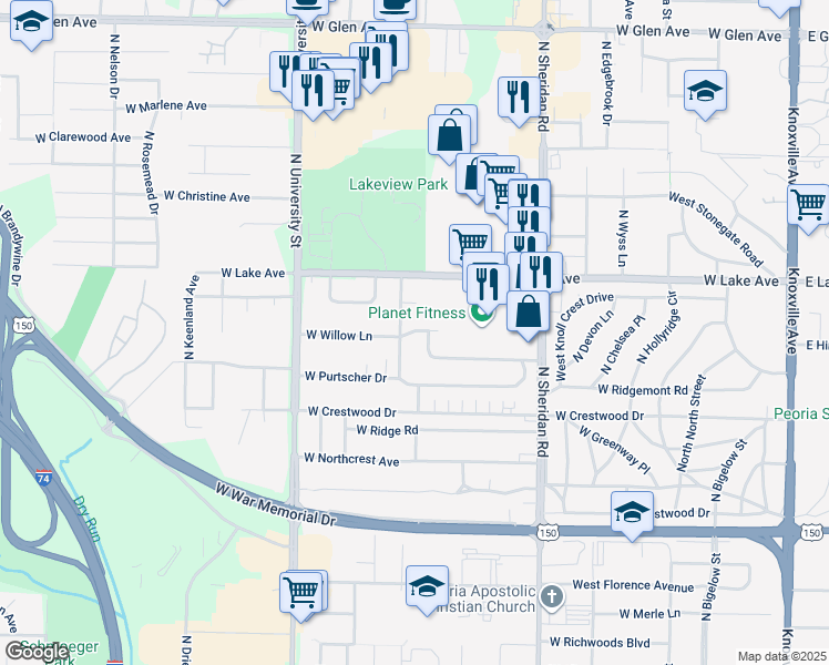 map of restaurants, bars, coffee shops, grocery stores, and more near 4116 North Bryer Place in Peoria