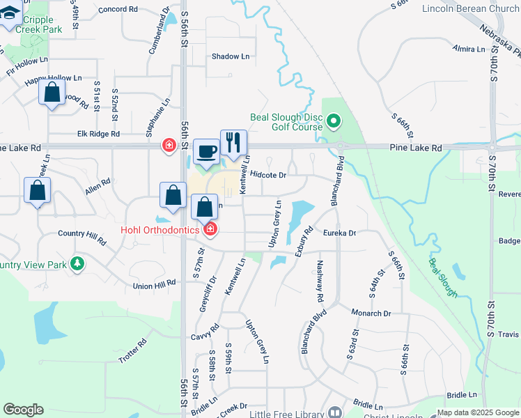map of restaurants, bars, coffee shops, grocery stores, and more near 6019 Chartwell Lane in Lincoln