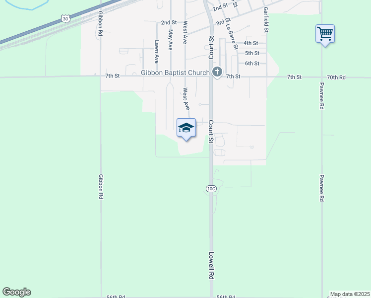 map of restaurants, bars, coffee shops, grocery stores, and more near 1030 Court Street in Gibbon