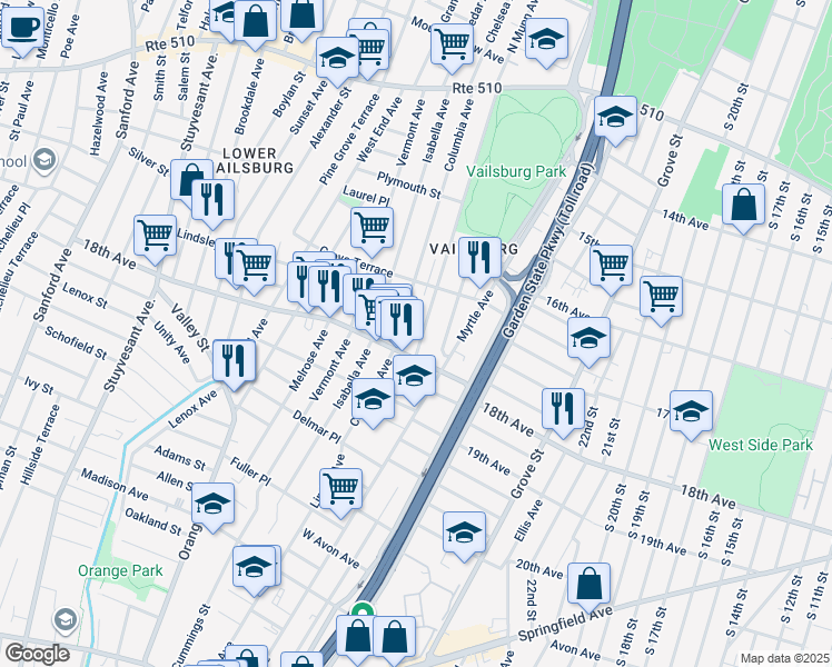map of restaurants, bars, coffee shops, grocery stores, and more near 193 Columbia Avenue in Irvington
