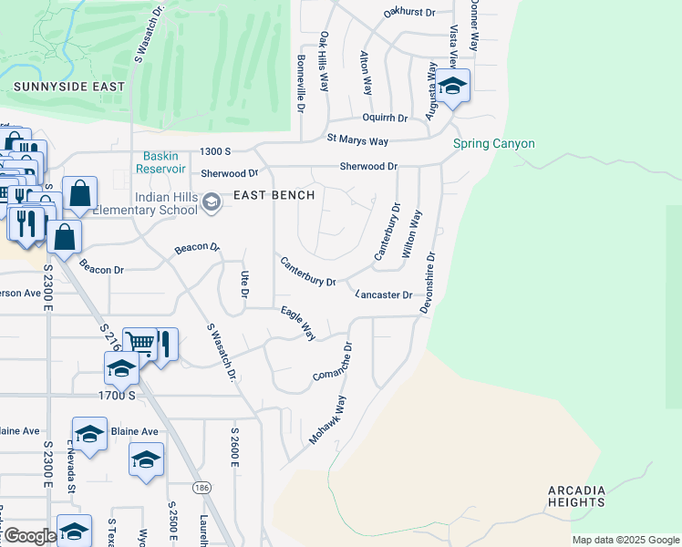 map of restaurants, bars, coffee shops, grocery stores, and more near 1404 South Canterbury Drive in Salt Lake City