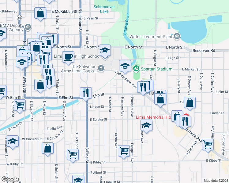map of restaurants, bars, coffee shops, grocery stores, and more near 126 Harrison Avenue in Lima