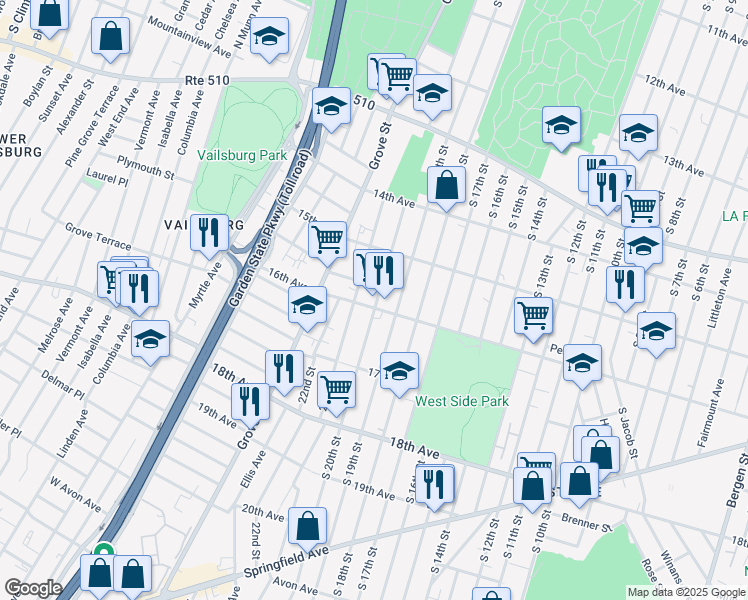 map of restaurants, bars, coffee shops, grocery stores, and more near 555 South 20th Street in Irvington