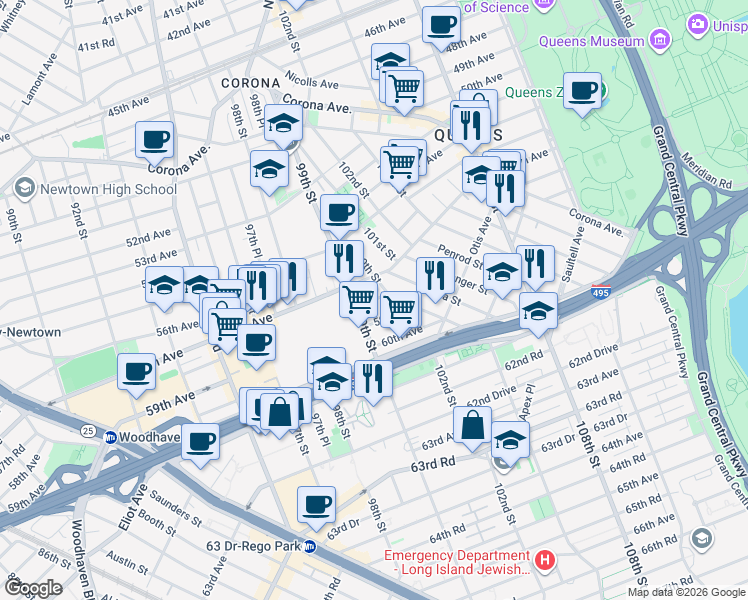 map of restaurants, bars, coffee shops, grocery stores, and more near 3 100th Street in Queens