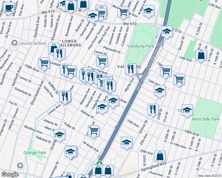 map of restaurants, bars, coffee shops, grocery stores, and more near 193 Columbia Avenue in Irvington