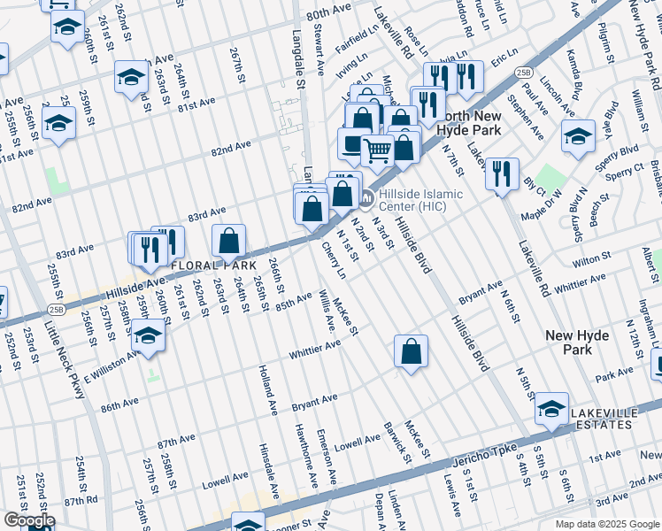 map of restaurants, bars, coffee shops, grocery stores, and more near 1034 Cherry Lane in North New Hyde Park