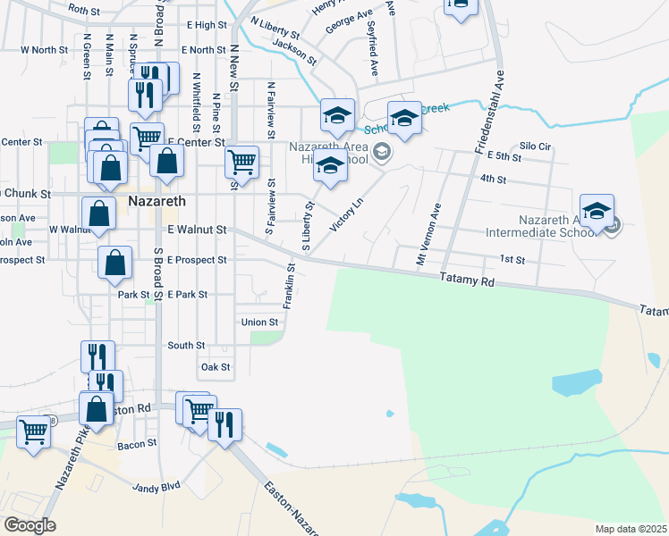 map of restaurants, bars, coffee shops, grocery stores, and more near 538 East Walnut Street in Nazareth