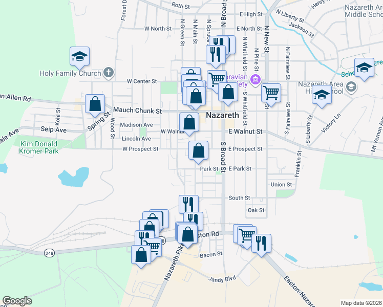 map of restaurants, bars, coffee shops, grocery stores, and more near 172 South Main Street in Nazareth