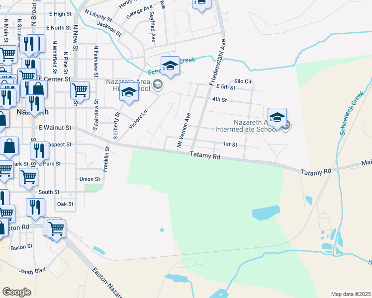 map of restaurants, bars, coffee shops, grocery stores, and more near 31 Mount Vernon Avenue in Nazareth