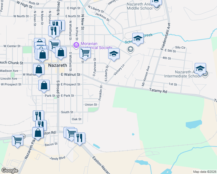 map of restaurants, bars, coffee shops, grocery stores, and more near 157 Victory Lane in Nazareth