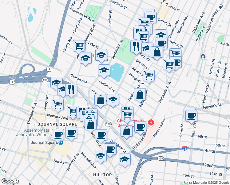 map of restaurants, bars, coffee shops, grocery stores, and more near 129 Jefferson Avenue in Jersey City
