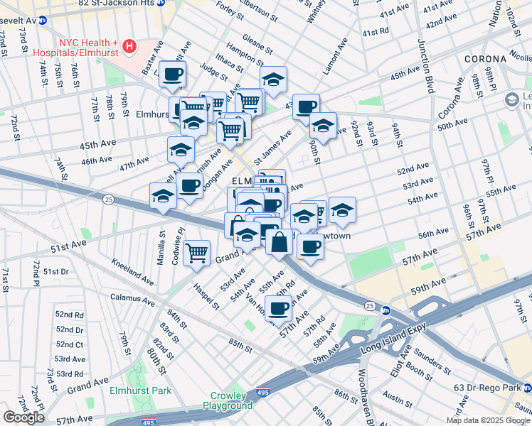 map of restaurants, bars, coffee shops, grocery stores, and more near 86-22 Broadway in Queens