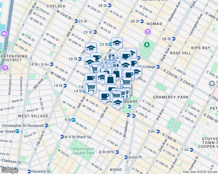 map of restaurants, bars, coffee shops, grocery stores, and more near 27 West 17th Street in New York