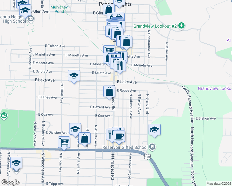 map of restaurants, bars, coffee shops, grocery stores, and more near 4228 North Prospect Road in Peoria