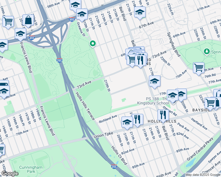map of restaurants, bars, coffee shops, grocery stores, and more near 73-11 210th Street in Queens