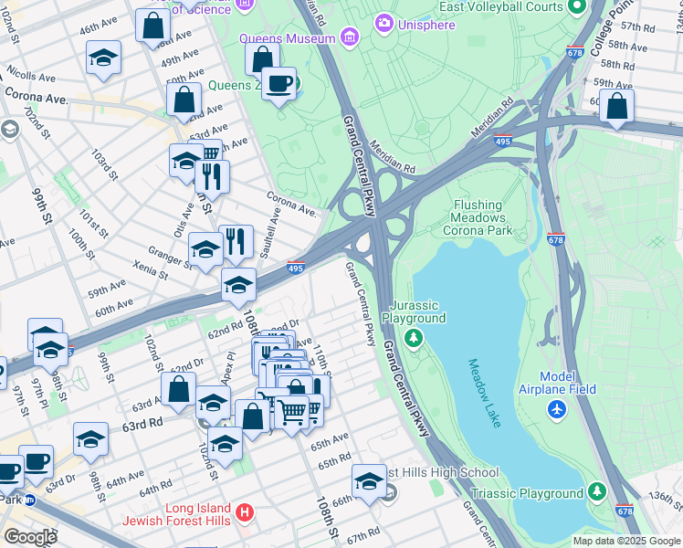 map of restaurants, bars, coffee shops, grocery stores, and more near 61-20 Grand Central Parkway in Queens