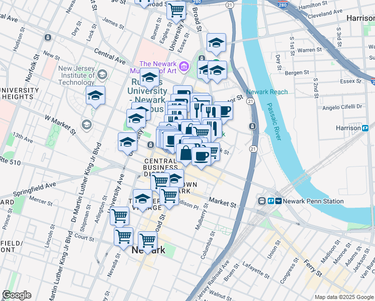 map of restaurants, bars, coffee shops, grocery stores, and more near 707 Broad Street in Newark