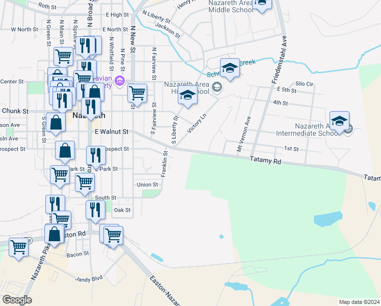 map of restaurants, bars, coffee shops, grocery stores, and more near 538 East Walnut Street in Nazareth