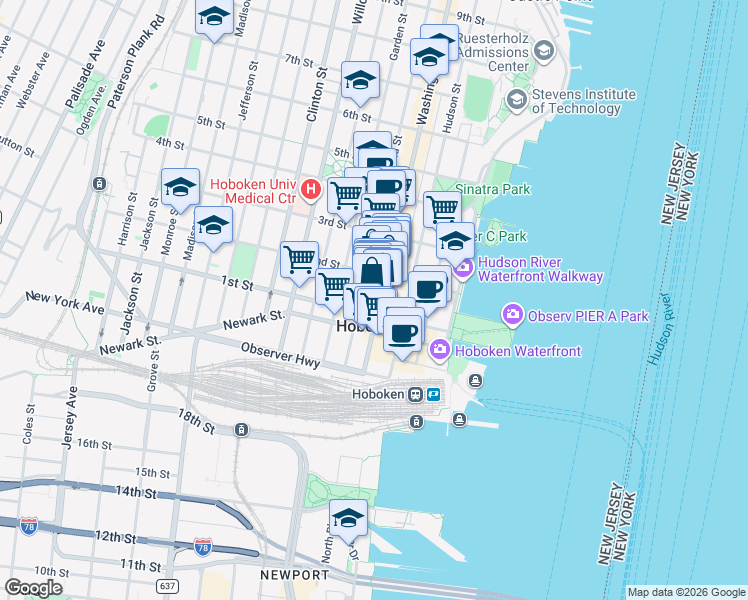 map of restaurants, bars, coffee shops, grocery stores, and more near 128 Washington Street in Hoboken