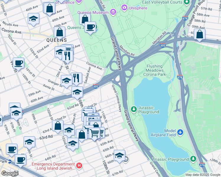 map of restaurants, bars, coffee shops, grocery stores, and more near 66-20 Grand Central Parkway in Queens
