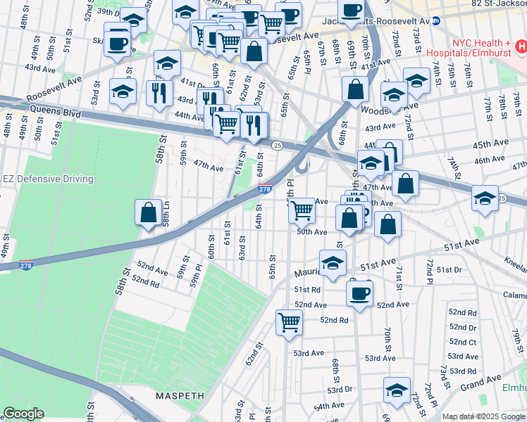map of restaurants, bars, coffee shops, grocery stores, and more near 63rd Street in Queens