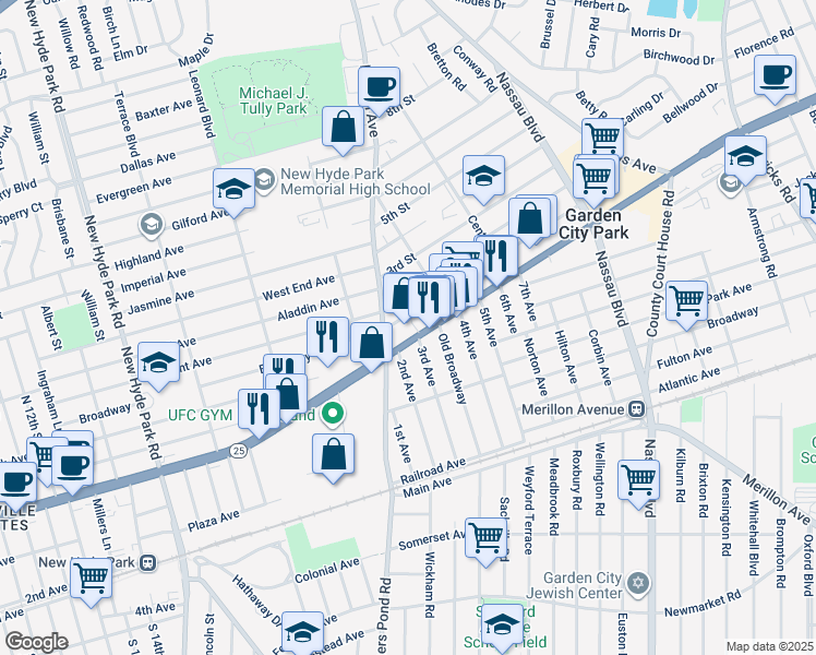 map of restaurants, bars, coffee shops, grocery stores, and more near 24 Denton Avenue in New Hyde Park