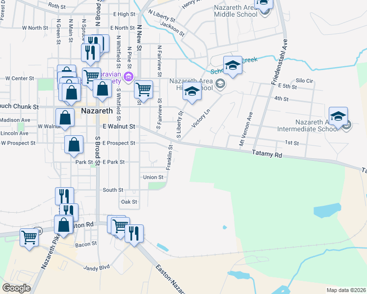 map of restaurants, bars, coffee shops, grocery stores, and more near 157 Victory Lane in Nazareth