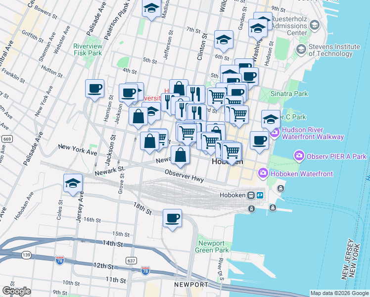 map of restaurants, bars, coffee shops, grocery stores, and more near 305 1st Street in Hoboken