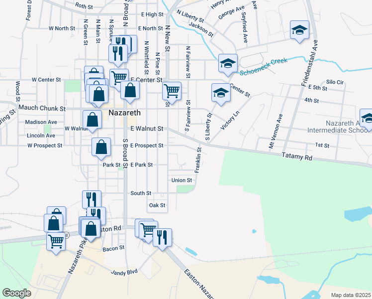 map of restaurants, bars, coffee shops, grocery stores, and more near 342 East Prospect Street in Nazareth
