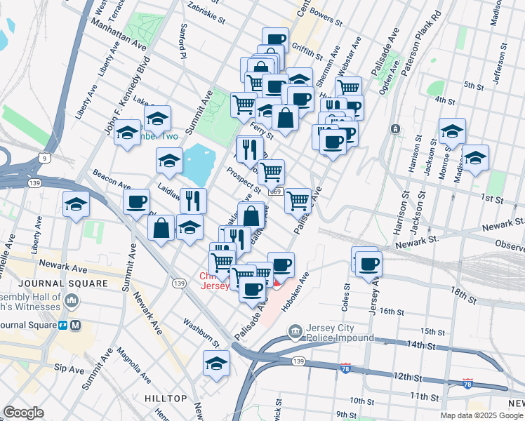map of restaurants, bars, coffee shops, grocery stores, and more near in Jersey City