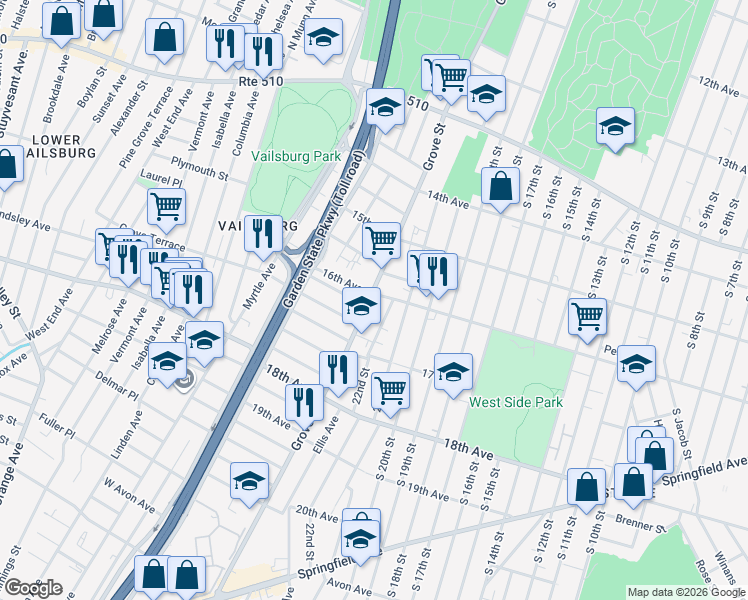 map of restaurants, bars, coffee shops, grocery stores, and more near in Irvington