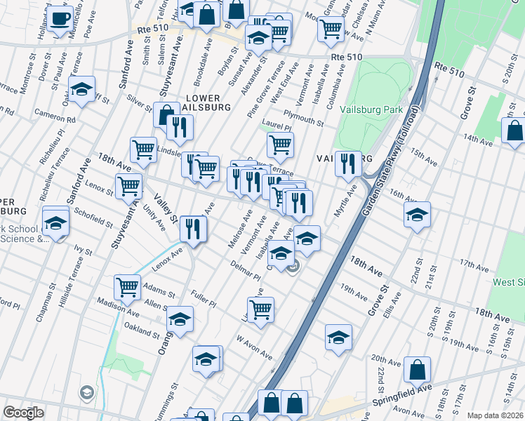 map of restaurants, bars, coffee shops, grocery stores, and more near 902 18th Avenue in Newark