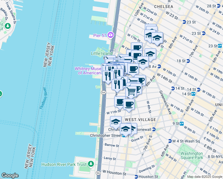 map of restaurants, bars, coffee shops, grocery stores, and more near 809 Washington Street in New York