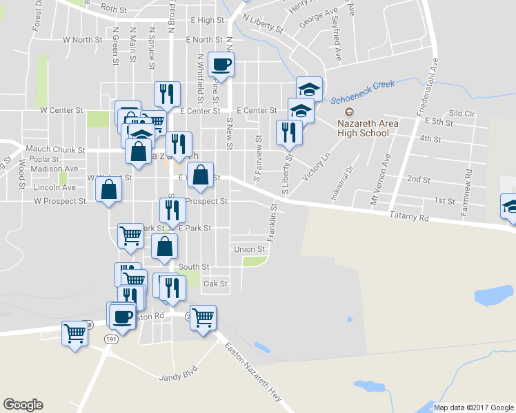 map of restaurants, bars, coffee shops, grocery stores, and more near 344 East Prospect Street in Nazareth