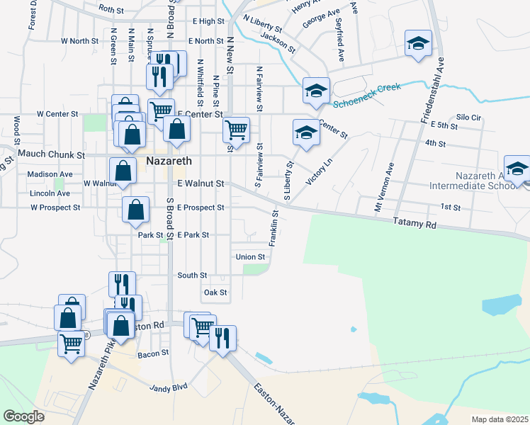 map of restaurants, bars, coffee shops, grocery stores, and more near 348 East Prospect Street in Nazareth