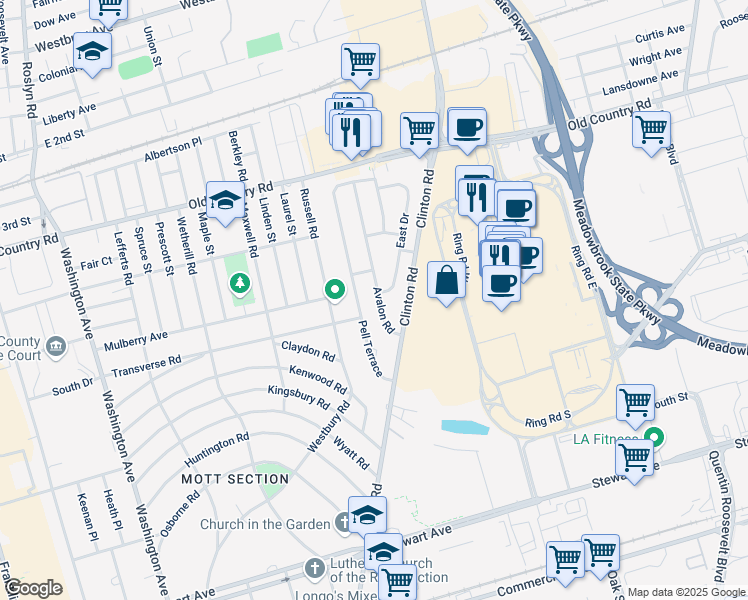 map of restaurants, bars, coffee shops, grocery stores, and more near 24 Avalon Road in Garden City