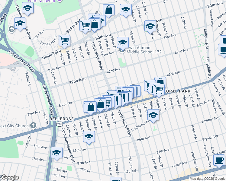map of restaurants, bars, coffee shops, grocery stores, and more near 83rd Avenue in Queens