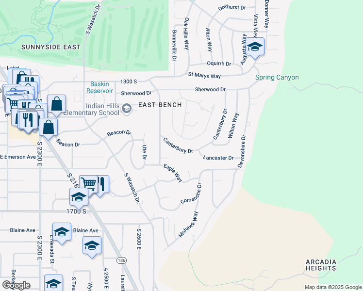 map of restaurants, bars, coffee shops, grocery stores, and more near 1518 South Canterbury Drive in Salt Lake City