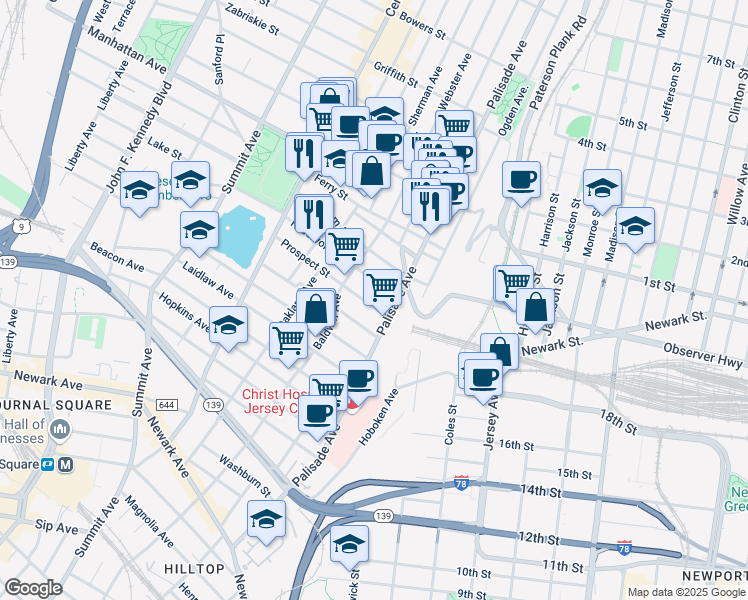 map of restaurants, bars, coffee shops, grocery stores, and more near 15 Reservoir Avenue in Jersey City