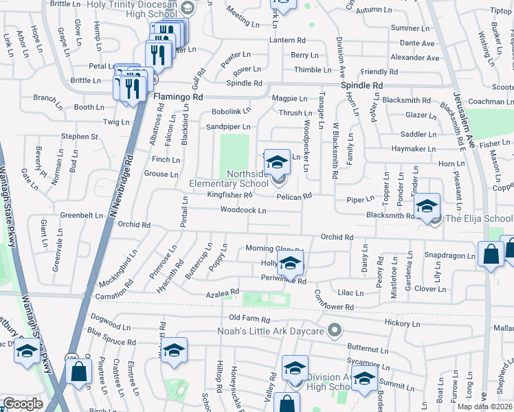 map of restaurants, bars, coffee shops, grocery stores, and more near 89 Kingfisher Road in Levittown