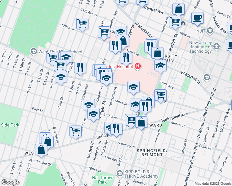 map of restaurants, bars, coffee shops, grocery stores, and more near 198 Bergen Street in Newark