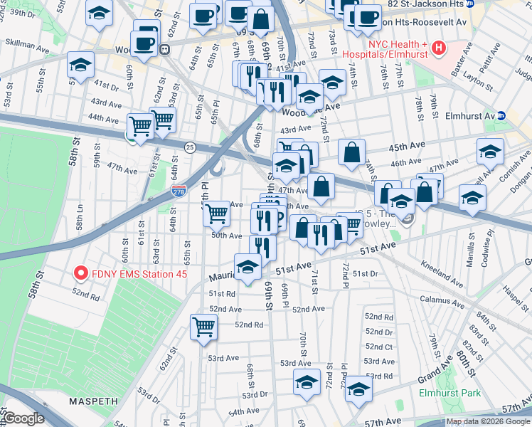 map of restaurants, bars, coffee shops, grocery stores, and more near 47-20 69th Street in Queens