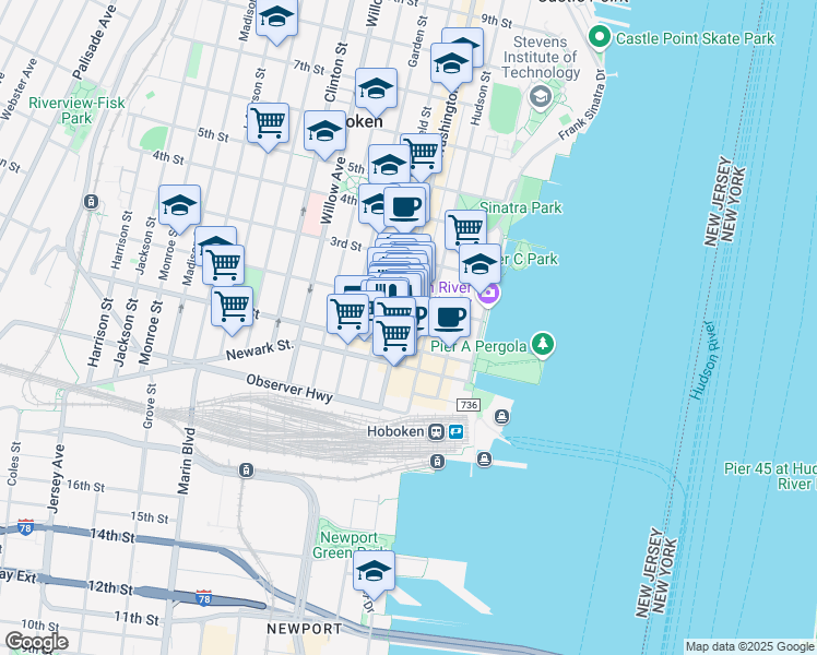 map of restaurants, bars, coffee shops, grocery stores, and more near 128 Washington Street in Hoboken