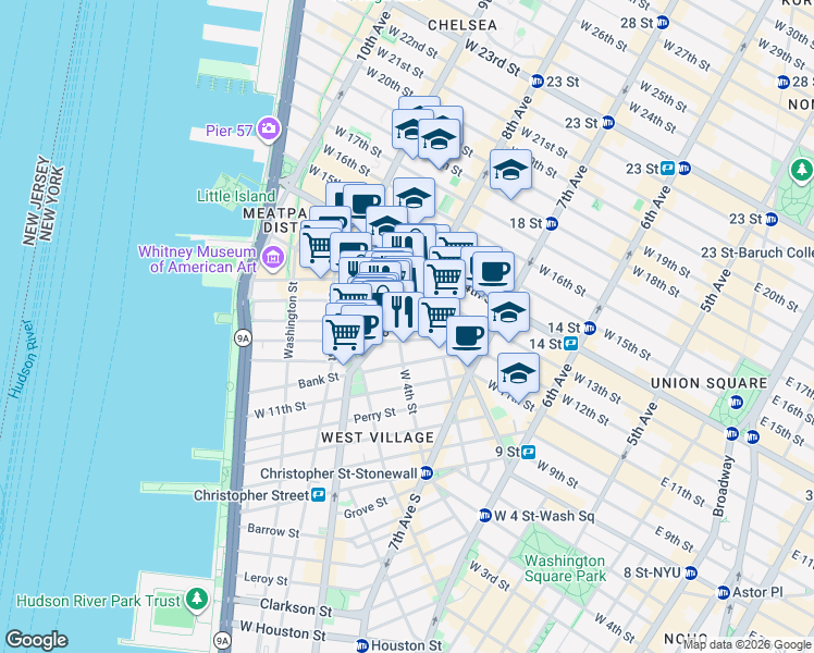 map of restaurants, bars, coffee shops, grocery stores, and more near 41 Jane Street in New York