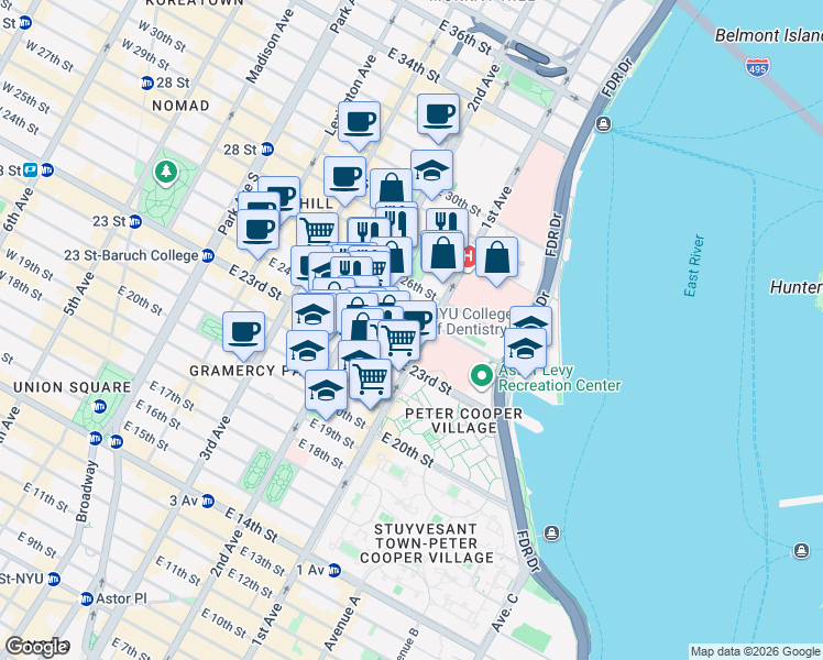 map of restaurants, bars, coffee shops, grocery stores, and more near 335 East 24th Street in New York