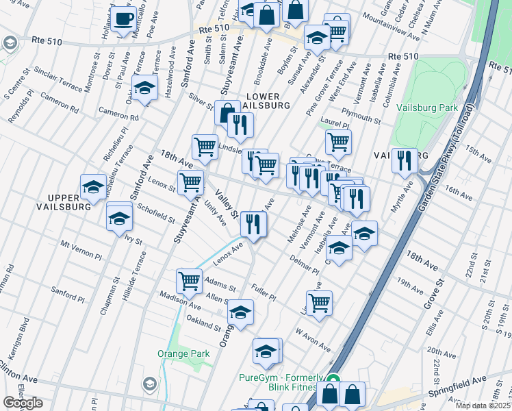 map of restaurants, bars, coffee shops, grocery stores, and more near 212 Alexander Street in Newark